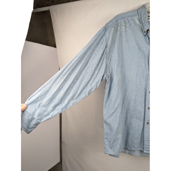 Vtg Christine Alexander L Blue Denim Button Shirt Rhinestone Star Y2K Americana - Picture 3 of 9